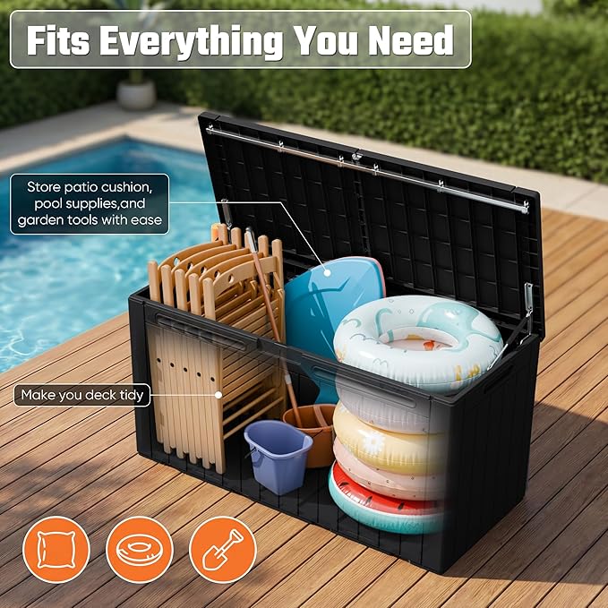 Greesum 110 Gallon Outdoor Storage Box with Lockable Lid, All-Weather for Patio Furniture, Pool Supplies & Garden Tools, Waterproof, UV-Resistant Large Deck Box, Dark Black