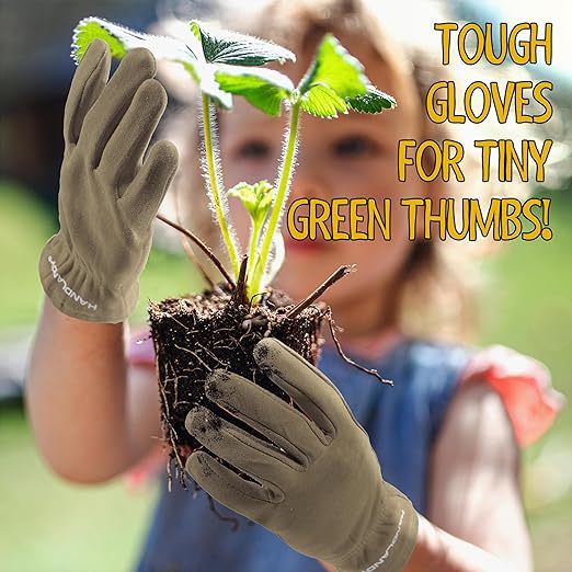 HANDLANDY Kids Genuine Leather Work Gloves for ages 3-11, Children Gardening Gloves for Boys, Girls (Small (for age2-4), 2 pairs)