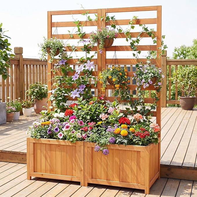 Giantex Set of 2 Wood Raised Garden Bed with Trellis, Outdoor Planter Box for Vines Flowers Vegetables, Herbs, Freestanding Plant Container Privacy Planters for Porch, Patio, Backyard