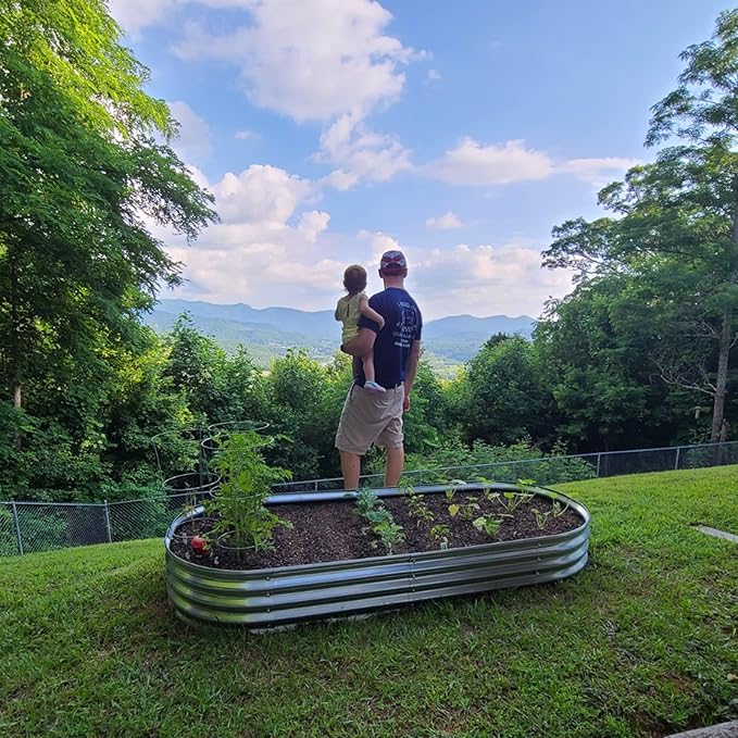 Raised Garden Bed GRS Certified Galvanized Planter Box Outdoor, 8ft Oval Rot-Resistant Metal Garden Bed Planter, Recycled Eco-Friendly Material Planter for Vegetables Flowers Herbs (Silver)