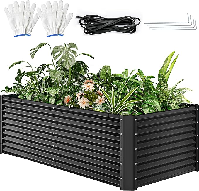 YITAHOME 8x4x2ft Raised Garden Bed Kit, Outdoor Large Metal Patio Planter Box with 2 Gloves, Ground Nails, Support Rod, and Safe Edge Curling Design for Plants Vegetables Flowers, Dark Gray