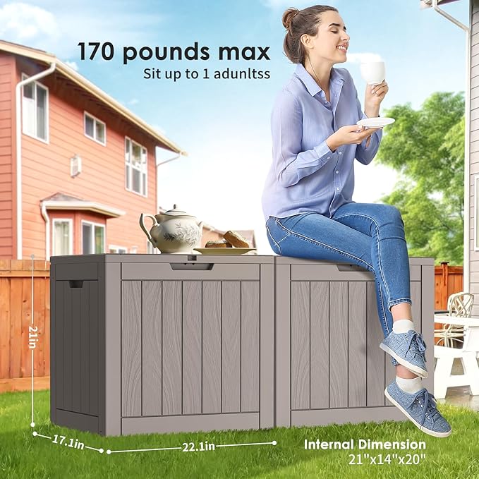Vixzen 30 Gallon Resin Deck Box - Lockable Outdoor Storage for Patio Cushions, Garden Tools, Pool Supplies（Grey，30 Gallon）