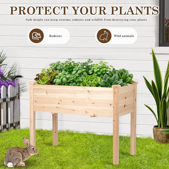 Raised Garden Bed with Legs, 40x24x30 inch Wood Elevated Planter with Protective Liner for Vegetable Flower Herb, Outdoor Planter Box Kit for Balcony Patio Backyard, Natural