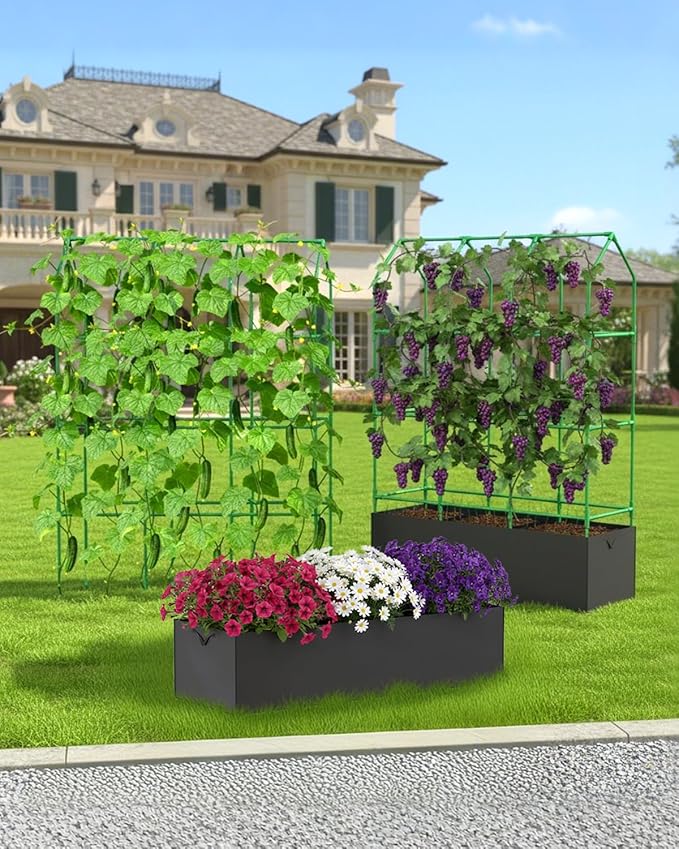Cucumber Trellis with Grow Bag for Raised Bed, A-Shape Garden Trellis for Climbing Plants Outdoor, Metal Plant Trellis with Garden Netting for Flower Vegetables, Pea, Grape (50 * 17 * 65inch(L*W*H)