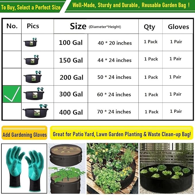 300 Gallon Big Raised Garden Bed Bag (60x24 inch) Large Plant Grow Bag for Potato,Tomato Planter,Herbs Veggies Planter,Flower Bed,Plant Container,Yard Waste,Lawn Debris,Leaf Bag with Gardening Gloves