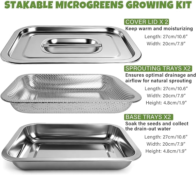 2 Pack Stainless Steel Seed Sprouter Trays, 2-Tier Soil-Free Microgreens Growing Kit, Sprouting Tray with Cover Lids & Mesh Pads for Sprouts Beans Alfalfa Wheatgrass