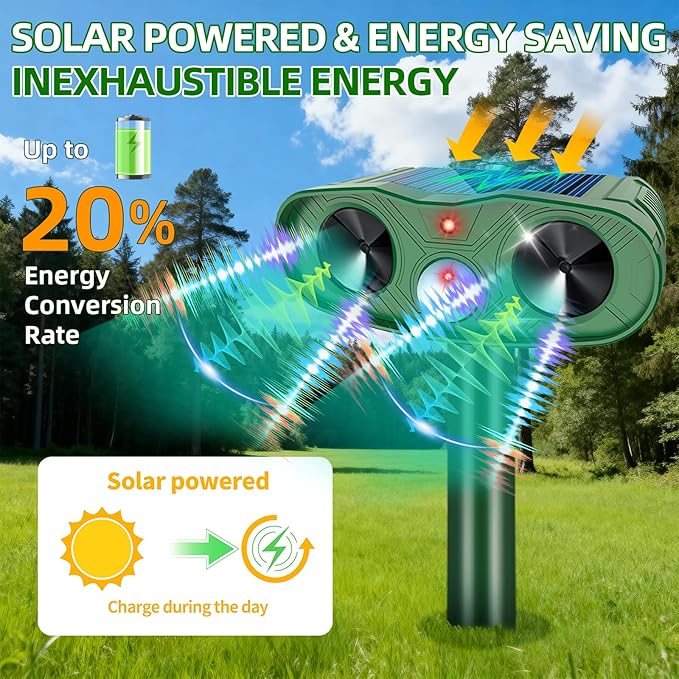 2026 Solar Ultrasonic Animal Repellent Outdoor Deer Repellent Devices, 4Pack Cat Repellent Outdoor with Motion Sensor, Squirrel Repeller to Scare Squirrel Rabbit Deterrent for Yard Farm
