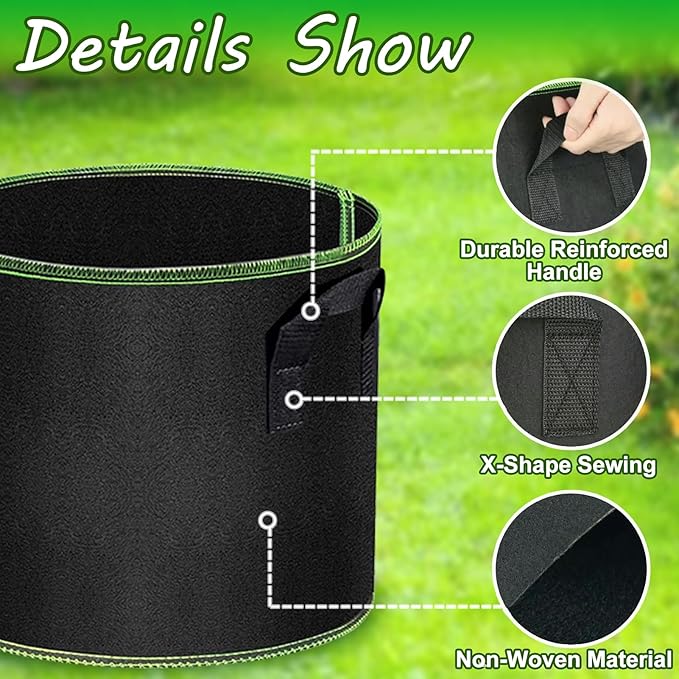 5 Gallon Grow Bags 12 Pack - Thickened Nonwoven Aeration Planter Bags with Handles, Plant Tags & Seedling Bags, Heavy Duty Black Fabric Pots for Vegetable Gardening Garden Outdoor