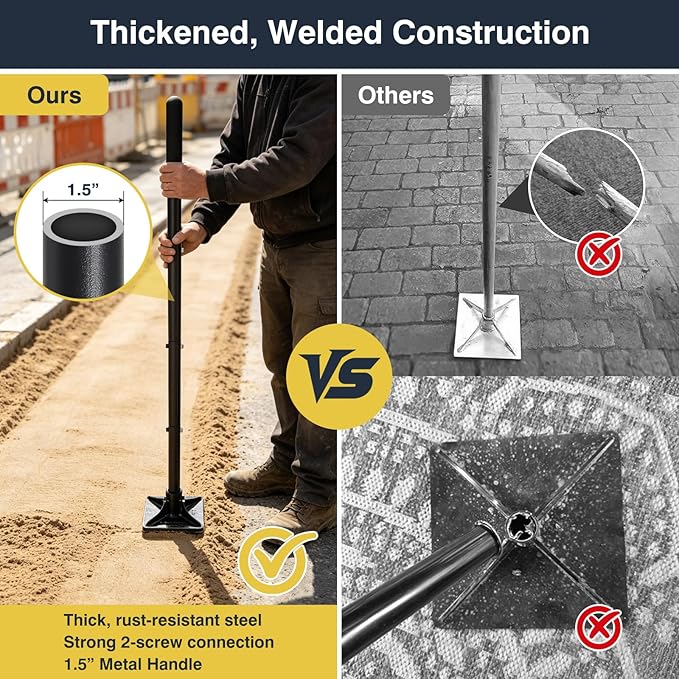 Heavy Duty Hand Tamper 8"x8" Steel Ground Tamper Tool – Manual Landscaping Tamping for Soil, Dirt, Concrete, Asphalt, Driveway & Pavement Repair, 58" Handle Garden Leveler
