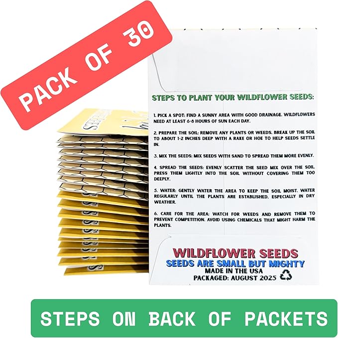 Wildflower Seed Packets Bee Kind Save The Bees Party Favors (Pack of 30) - Bee Friendly & Pollinator Wildflower Seed for Planting Gardening