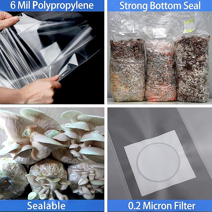 30Pcs Mushroom Grow Bags with 0.2 Micron Filter Patch, 3 Mil Polypropylene, Large Size 8" X 5" X 20" for Mushrooms and Bamboo Fungus Ganoderma Mushroom, Substrates Or Grains