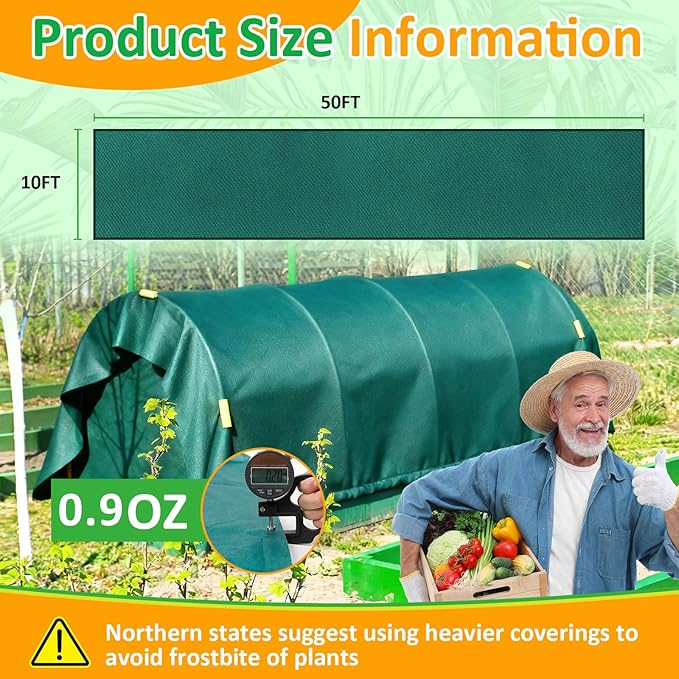 Green Plant Covers Freeze Protection, 10 x 50 ft - 0.9 oz/yd² Frost Cloths for Outdoor Plants, Tree Covers Freeze Protection, Winter Garden Blanket, Sun Cover for Plants for Greenhouse, Vegetables