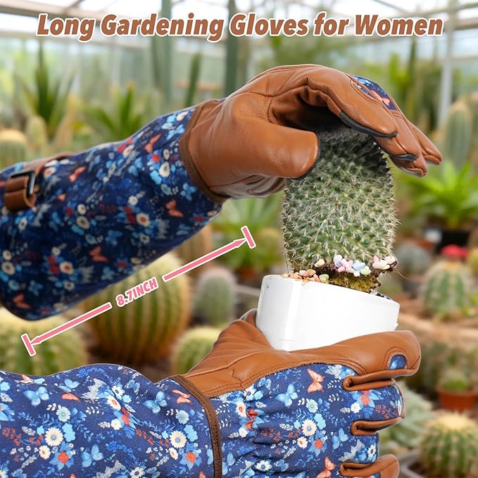 DLY Gardening Gloves for Women, Rose Gloves Thorn Proof, Long Garden Gloves for Women, Breathable Cowhide (Small, Brown)