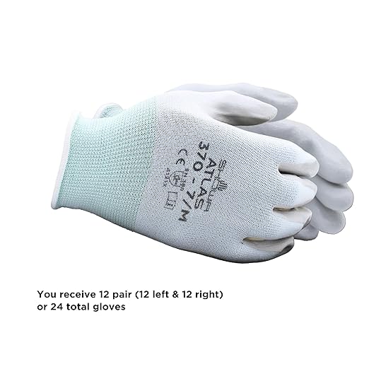 SHOWA Atlas 370W Professional Nitrile Work Gloves, Breathable High-Dexterity Precision Grip for Landscaping, Gardening & Assembly, General Purpose Gloves, White, Medium, 12-Pack