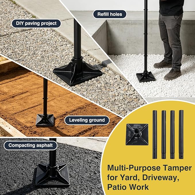 Heavy Duty Hand Tamper 8"x8" Steel Ground Tamper Tool – Manual Landscaping Tamping for Soil, Dirt, Concrete, Asphalt, Driveway & Pavement Repair, 58" Handle Garden Leveler
