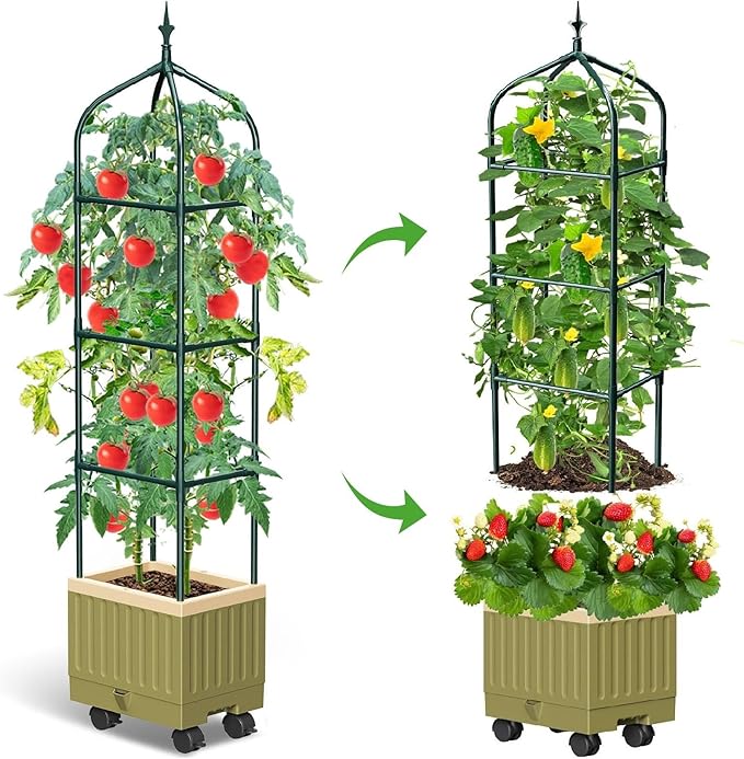 Raised Garden Bed Planter Box with Trellis, 71" Self-Watering Tomato Planter with Wheels for Climbing Vegetable and Plants, Tomato Cage Planters for Indoor Outdoor Patio Greenhouse Gardening (A)