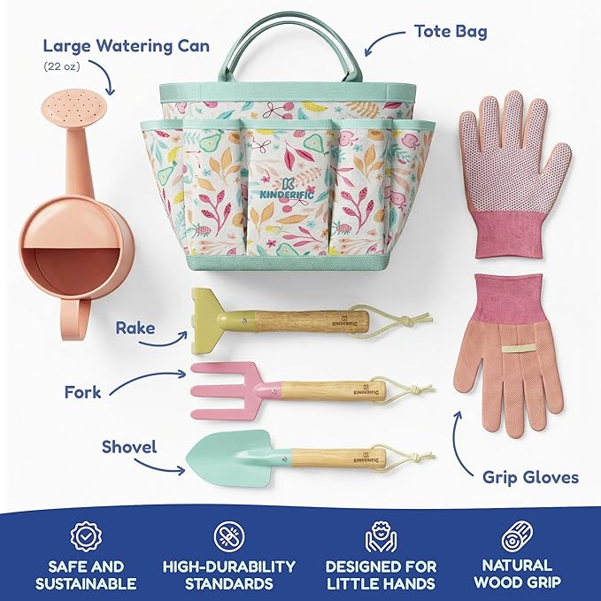 Gardening Set, Tool Kit, for Kids, STEM, Includes Tote Bag, Spade, Watering Can, Rake, Fork, Trowel and Gloves, Fruity