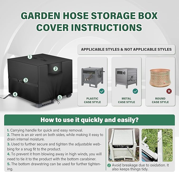 Garden Hose Storage Box Cover – Weather-Resistant Protective Cover for Outdoor Hose & Storage Box, Protects Against Sunlight, Rain, Snow, Sandstorms – Black