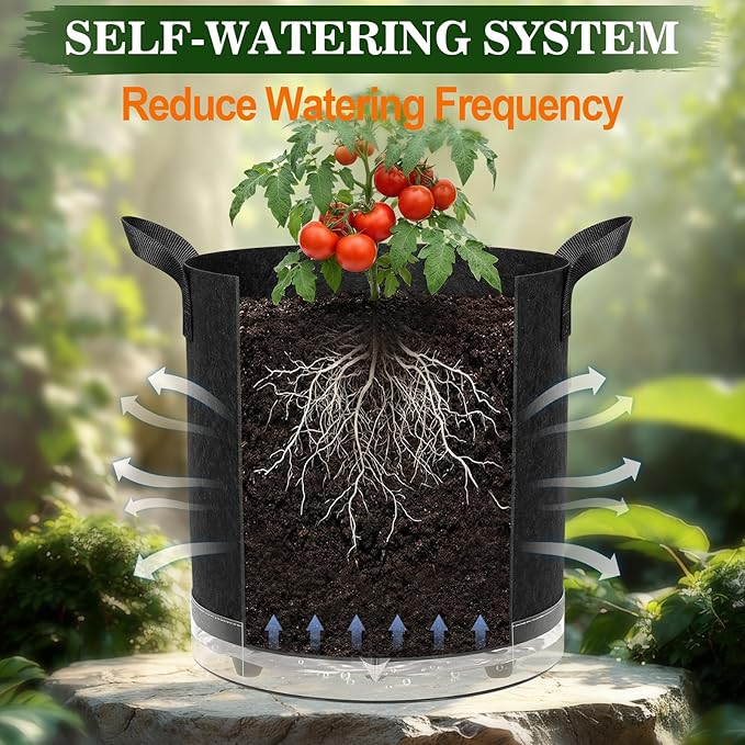 5 Pack 7 Gallon Self-Watering Grow Bags, Thick Nonwoven Fabric Pots with Support Rings and Reinforced Handles, Self-Watering Planters with Bottom Reservoir for Tomatoes Peppers Potatoes and Vegetables
