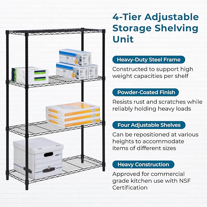 Honey-Can-Do 4-Tier Heavy Duty Adjustable Shelving Unit, 250-lb Per Shelf Metal Storage Rack, Wire Shelf for Garage Kitchen Office Pantry, Black, 36 x 14 x 54 in
