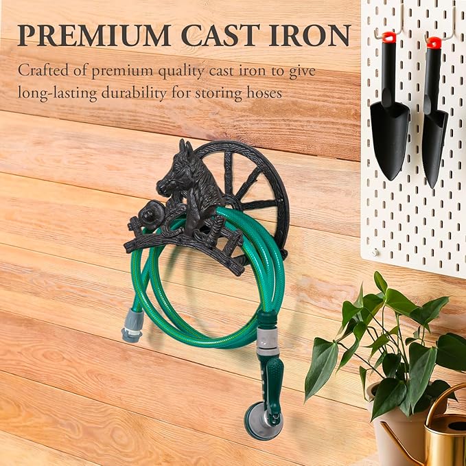 MyGift Horse and Wagon Design Hose Holder, Heavy Duty Cast Iron Outdoor Garden Hose Hanger, Wall Mounted Water Hose Holder Reel with Carriage Theme