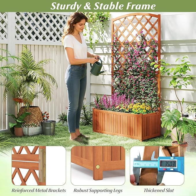 Giantex Solid Acacia Wood Planter Box with Trellis, 63" Raised Garden Bed with Trellis, Plant Box, Slat Base, Outdoor Privacy Planter for Vine Climbing Plants Flowers, Garden, Patio, Balcony