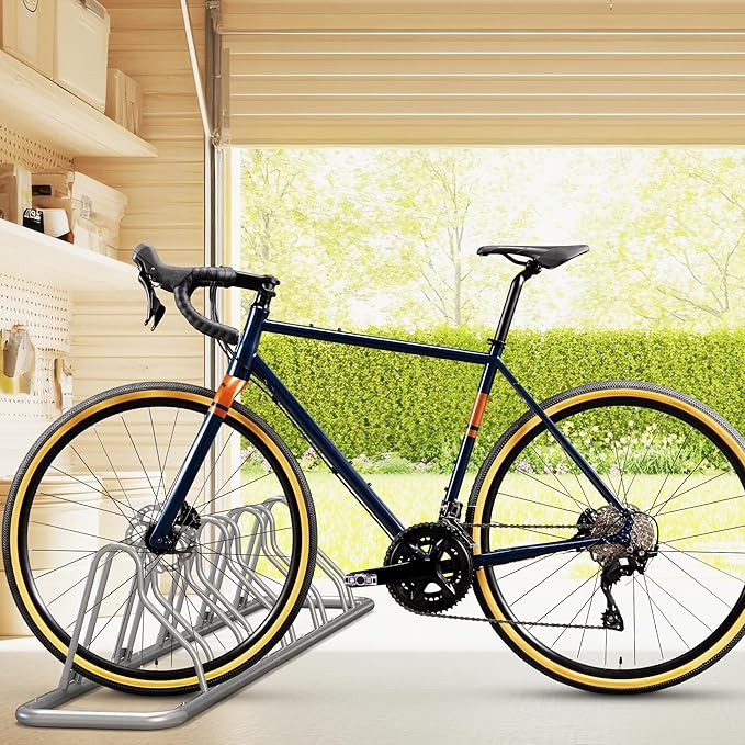 Simple Houseware 5-Bike Floor Storage Rack - Adjustable Bicycle Parking Stand & Garage Organizer for Road and Kids Bikes, Silver