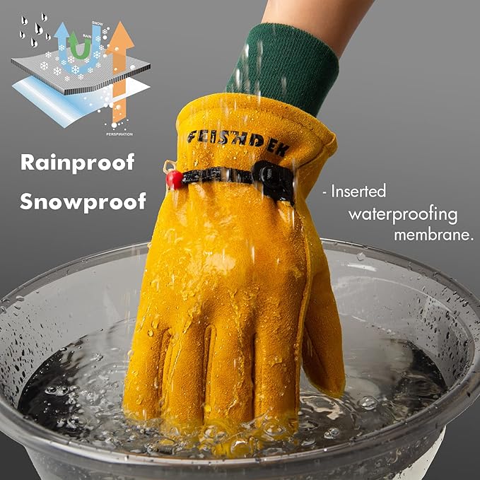 Kids Waterproof Winter Work Gloves, Soft Deerskin Suede Insulated Warm Windproof Genuine Leather Toddler Work Gloves Age 5-14 (Large (8-12 Years Old), Yellow)