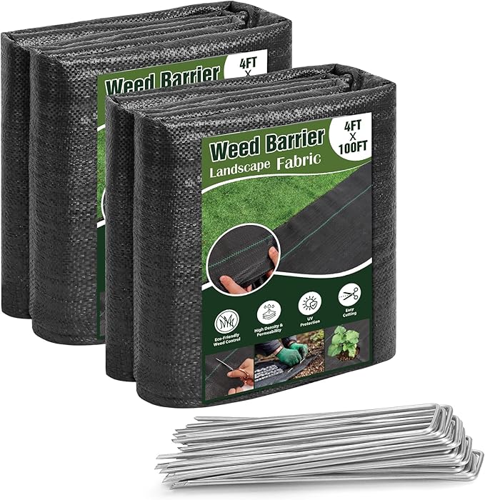 HongWay 4FT x 100FT Weed Barrier Landscape Fabric, Weed Blocker Fabric Heavy Duty with 40 U-Shaped Staples, Landscaping Weed Control Mats Ground Cover for Garden Beds, Driveway, Underlayment