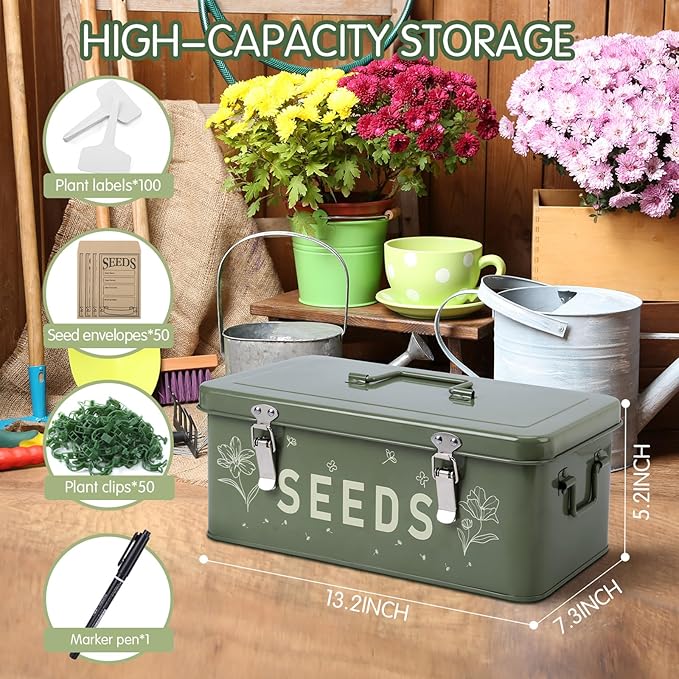 Seed Storage Organizer with Lid, Metal Seed Bin Seed Packet Container with 100 Plant Labels 50 Seed Envelopes 50 Plant Clips 1 Marker Pen, 4 Compartments Box with Locks