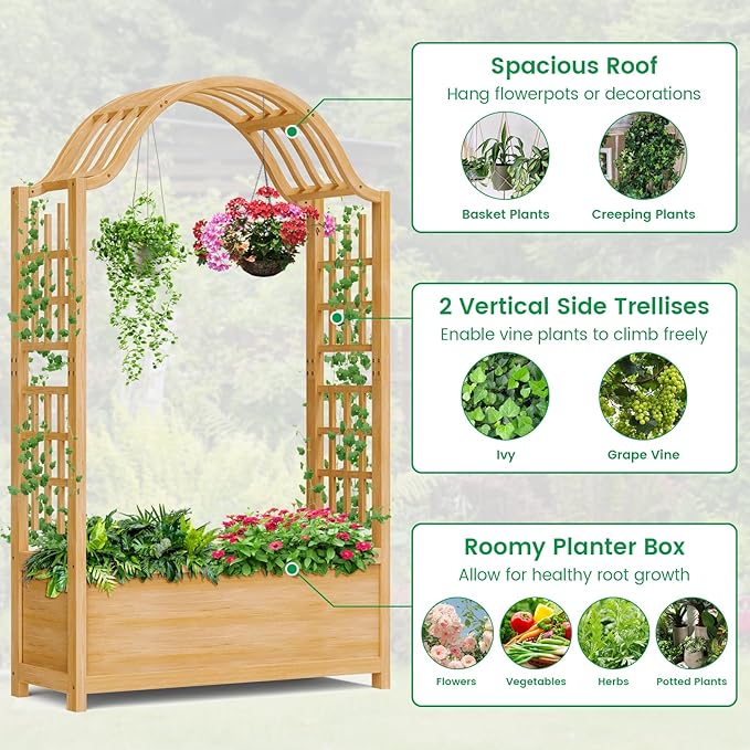 DoCred Raised Garden Bed with Trellis, Freestanding Wood Planter Box with Hanging Roof, Side Trellis Above Ground Elevated Garden Bed Outdoor Planter with Arch Trellis for Climbing Plants Vines Patio