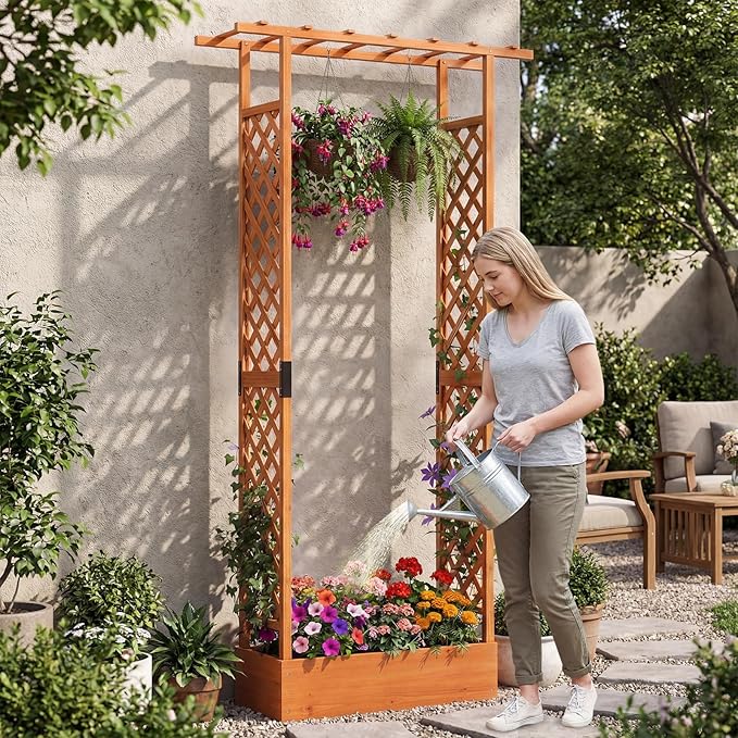 S AFSTAR Raised Garden Bed with Trellis, 2-in-1 Fir Wood Planter Box with Flat Roof & Drainage Holes, Vertical Planter Raised Bed for Climbing Plants, Flowers & Vegetables, 43" x 14" x 89" (Orange)