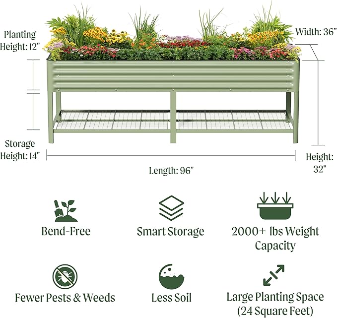 Raised Garden Bed, 3' x 8' Elevated Outdoor Planters Boxes with Legs & Storage Rack for Patio, 2000+ Lbs Weight Capacity, Raised Beds for Gardening Herbs Vegetables Flowers, Olive Green