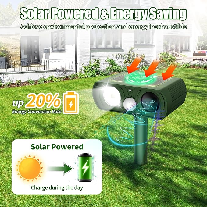 Solar Ultrasonic Animal Repellent, Deer Repellent Devices Waterproof with Motion Detection, Cat Repellent Outdoor Squirrel Skunk Rabbit Raccoon Dog Mouse Deterrents Animal Repeller for Yard Farm