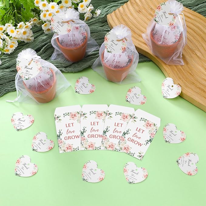 Ctosree 50 Sets Let Love Grow Wedding Favors for Guests Self Adhesive Seed Packets (Seed Not Include) Terracotta Flowerpot Thank You Tags and Organza Gift Bags for Bridal Shower Wedding Party Favors