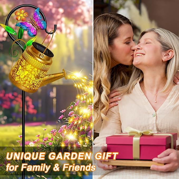 Mothers Day Gifts, Solar Watering Can Lights Outdoor Garden Decor, Large Butterfly Hanging Lantern with Shepherd Hook, Waterproof Garden Lights for Outdoor Landscape Pathway Yard, Mom Grandma Gifts