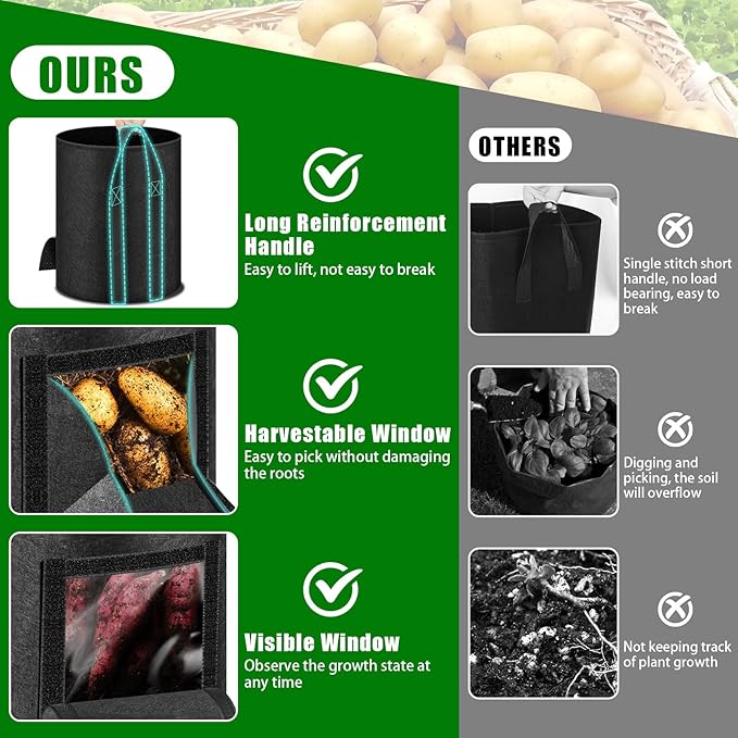 MJZ 5 Pack 10 Gallon Potato Grow Bags with Harvest Observation Windows, 380G Thickened Potato Bags for Growing Potatoes, Heavy Duty Nonwoven Fabric Garden Growing Containers to Grow Vegetable Tomatoes