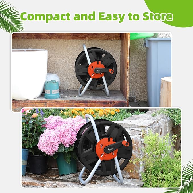 Water Hose Reel Cart, Holds 60-80 Ft of 5/8 Inch Hose, Orange Wall Mounted Garden Hose Cart, Portable Hose Reel for Convenient Storage and Watering