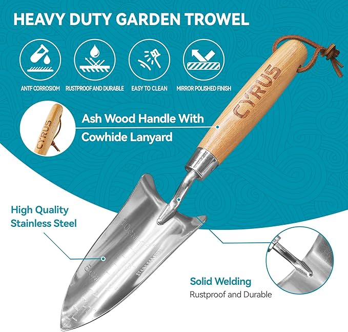 CYRUS Garden Shovel with Measurement Mark,Small Shovels for Gardening with Ash Wood Handle,12.4''Stainless Steel Hand Shovel Garden Spade Potting Soil Scoop for Gardening Planting,Transplanting