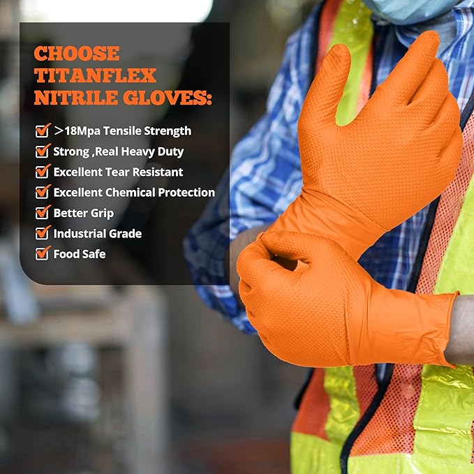 TitanFlex Heavy Duty Orange Industrial Nitrile Gloves with Raised Diamond Texture, Latex Free (6mil/8mil)