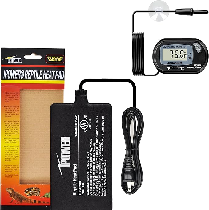 iPower Reptile Heat Pad 4X7 Inch 4W Heating Mat with Digital Thermometer for Turtle, Lizard, Frog, Snake, Reptile, and Other Small Animals