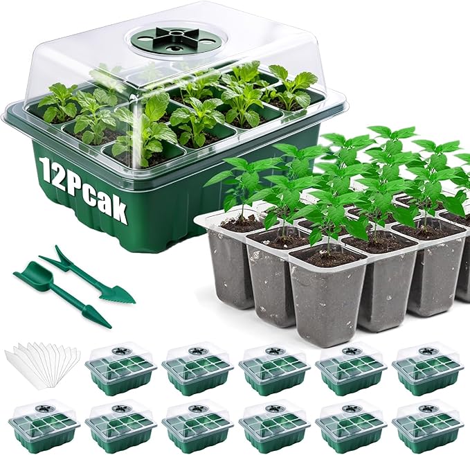 Seed Starter Tray Kit, 12 Pack 144 Cells with Humidity Dome, Reusable Seedling Trays with Drainage Holes, Plant Germination Kit with Labels & Tools for Mini Greenhouse Propagator Indoor Garden