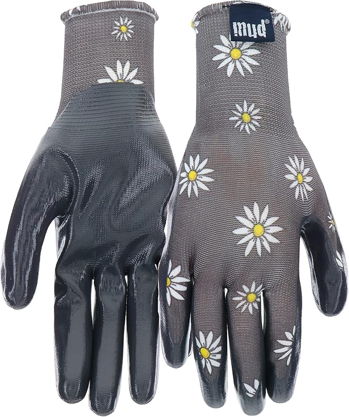 Mud Grip Women's Daisy Printed Polyester Shell and Flat Nitrile Coated Palm Gardening Gloves,