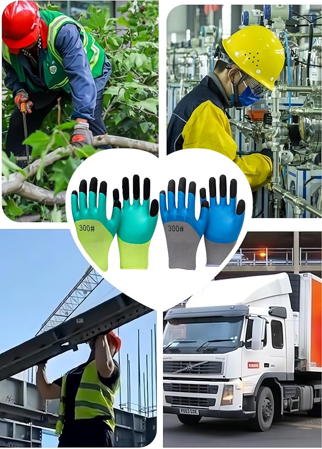 2/6 Pair Gardening Gloves ，Safety Work Gloves ，Rubber Protective Work Gloves with Gripper， Medium, Green and Blue