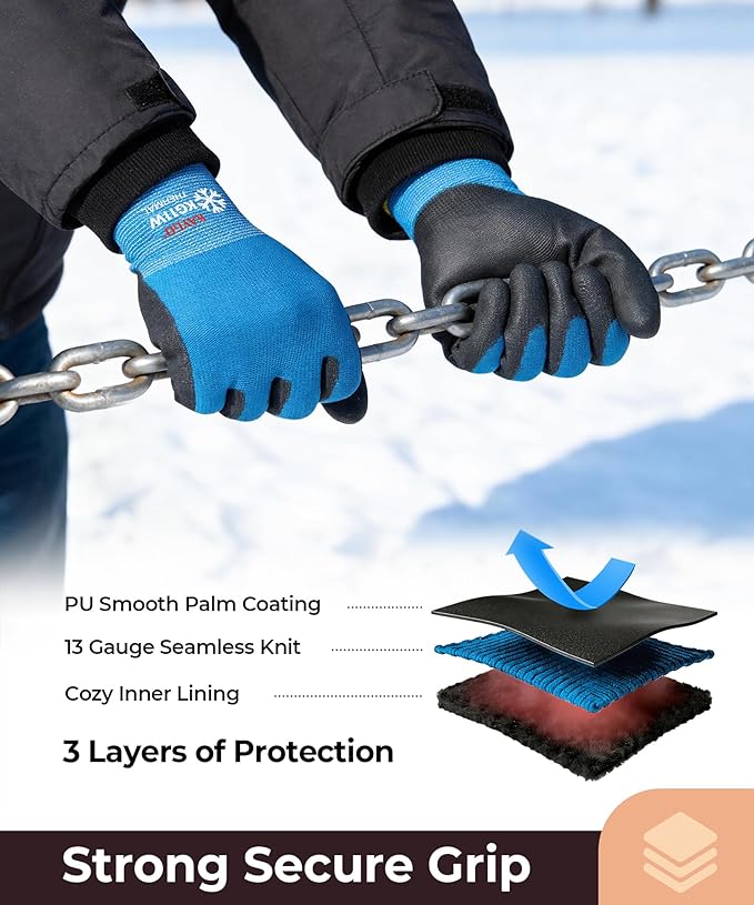 KAYGO 12 Pairs Winter Work Gloves for Men and Women, Thermal Insulated Safety Work Gloves PU Coated, Super Grip,Ideal for Freezer Work,Blue,M