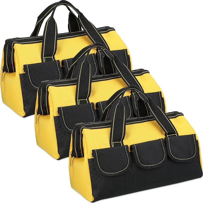 Sanwuta 3 Pack Tool Bag for Men with Waterproof Hard Bottom, Heavy Duty Tool Bag Wide Mouth Tote for Various Instrument, Electrician Carpenter Mechanic(Yellow,16 Inch,Classic)