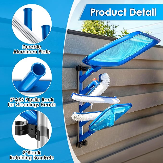 Swimming Pool Accessories Holder, Pool Cleaning Accessory Organizer and Holder Rack, Pool Tool Organizer Storage Rack for Poles, Skimmers, Leaf Rakes, Nets, Brushes, Vacuum Hose