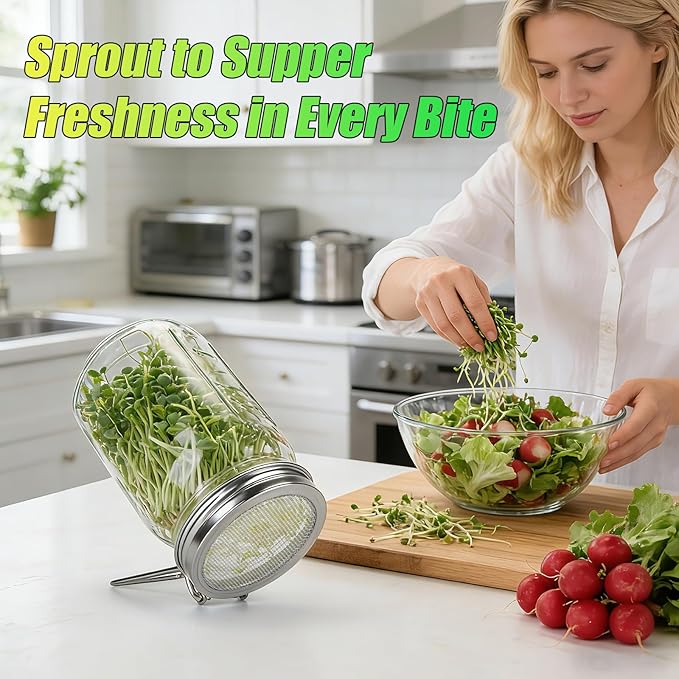 2 Pcs Sprouting Lids for Wide Mouth Mason Jars, Stainless Steel Reusable One-Piece Sprouting Jar Lids Kit with Built-In Stand, Seed Germination Sprouts Growing Kit for Organic Alfalfa & Mung Bean