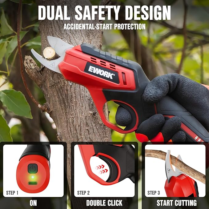 EWORK Cordless Electric Pruning Shears 4.2V Rechargeable 4000mAh Battery, 0.7 Inch Cutting Diameter, 2 SK5 Blades Tool Replacement, Handheld Pruner for Garden Tree Branch Trimming
