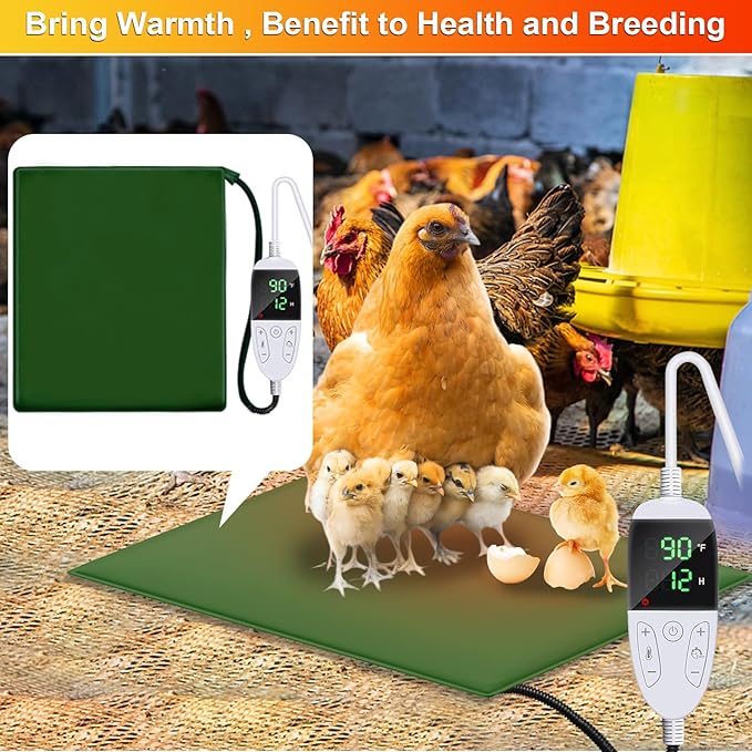 Chicken Heating Pad Chick Brooder Pad Poultry Heated Mat Adjustable Digital Thermostat Brood Heater Blanket with Timer Anti Bite Warmer Bed for Small Animal Pet 11.7 x 15.7 in Green